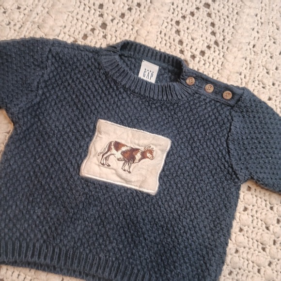 Vtg Baby Gap 3-6m Navy Blue Cotton Linen Sweater Cow Discontinued Rare Fisherman - Picture 1 of 8
